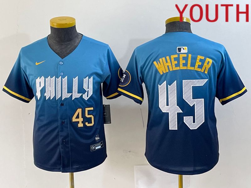 Youth Philadelphia Phillies #45 Wheeler Blue City Edition Nike 2024 MLB Jersey style 3->youth mlb jersey->Youth Jersey